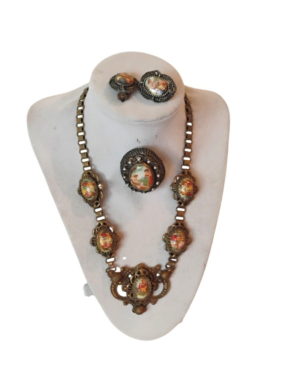 Vtg 50's Victorian Fragonard Cameo Necklace Clip-on Earrings Brooch/Pendant Set